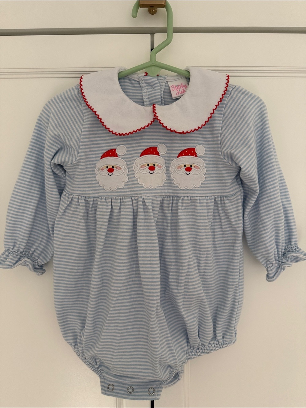 LIKE NEW - Stitchy Fish White & Light Blue Striped Santa Romper 18 mo